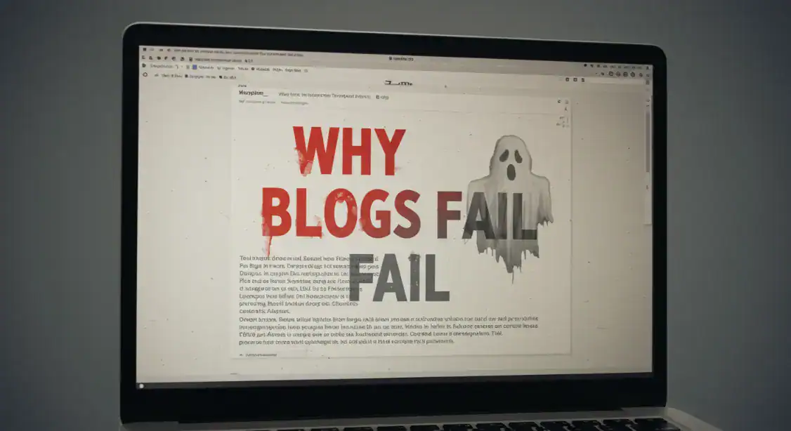 Laptop screen showing "Why Blogs Fail" with a ghost graphic, discussing blogging success in 2025.